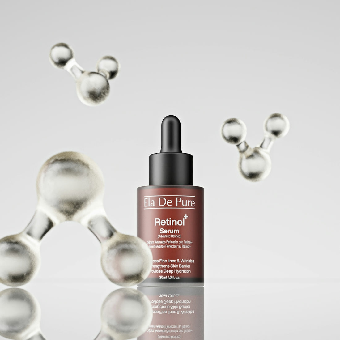 Retinol serum bottle with molecular structures